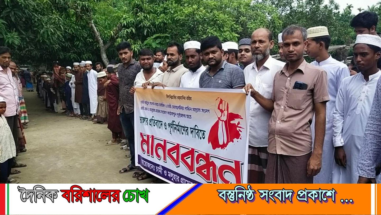 নেছারাবাদে দুর্বৃত্তদের হাতে কাঠেরপুল ভাঙ্গার প্রতিবাদে এলাকাবাসীর মানববন্ধন