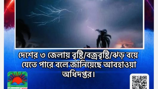 দেশের ৩ জেলায় বৃষ্টি/বজ্রবৃষ্টি/ঝড় বয়ে যেতে পারে বলে জানিয়েছে আবহাওয়া অধিদপ্তর।