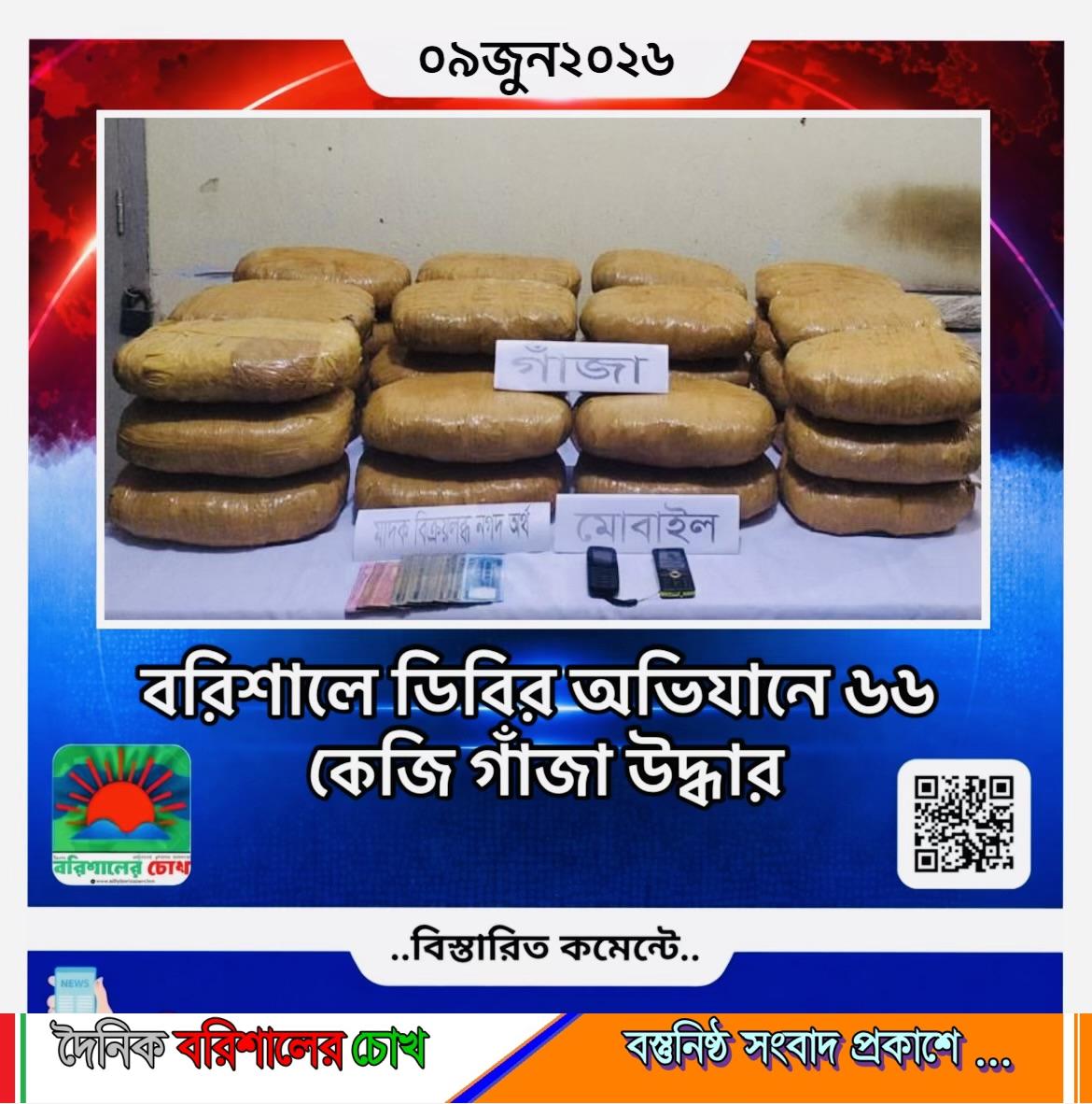 বরিশালে ডিবির অভিযানে ৬৬ কেজি গাঁজা উদ্ধার