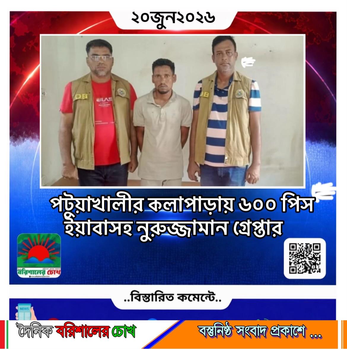 পটুয়াখালীর কলাপাড়ায় ৬০০ পিস ইয়াবাসহ নুরুজ্জামান গ্রেপ্তার