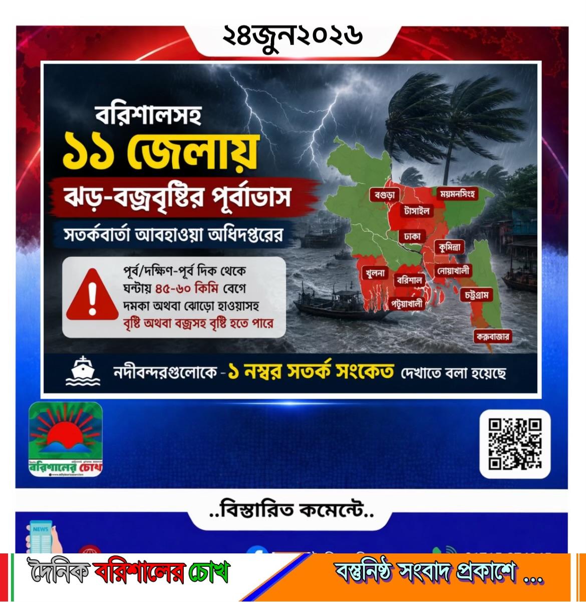 বরিশালসহ ১১ জেলায় ঝড়-বজ্রবৃষ্টির পূর্বাভাস, সতর্কবার্তা আবহাওয়া অধিদপ্তরের