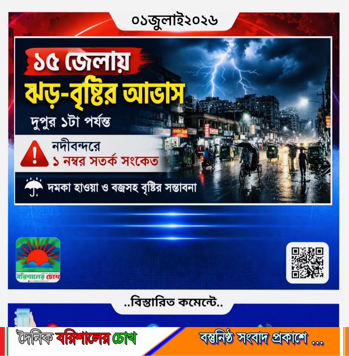দুপুরের মধ্যে ১৫ জেলায় ঝড়-বৃষ্টির আভাস, নদীবন্দরে ১ নম্বর সতর্ক সংকেত